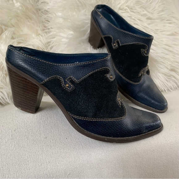 Western Navy Blue Leather Suede Studded Mule Heels - Picture 12 of 13
